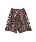 Leopard print shorts with white and red text on a white background